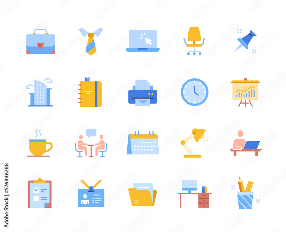 Set of colorful office related icons. Stickers with tie, employee pass, cup of coffee, business presentation and negotiations of partners. Cartoon flat vector collection isolated on white background Set of colorful office related icons. Stickers with tie, employee pass, cup of coffee, business presentation and negotiations of partners. Cartoon flat vector collection isolated on white background