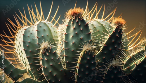 A close-up of a cactus plant with spines and prickles, casting interesting shadows and creating a sense of depth. generative AI photo