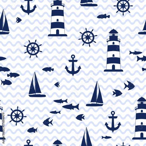 Lighthouse, yacht and fish vector illustration. Beacon on waves seamless pattern.