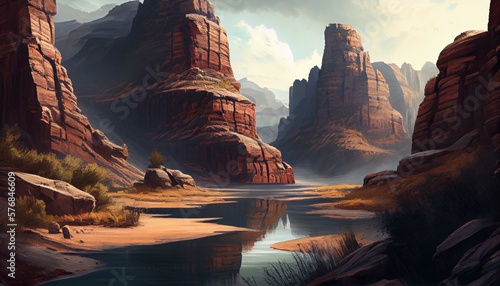 A textured and rugged canyon landscape with cliffs, rocks, and a meandering river. generative AI