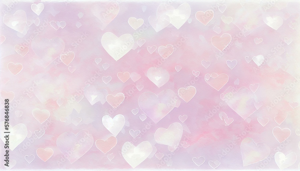 A soft and romantic watercolor background with pastel pink and white tones and delicate heart patterns. generative AI