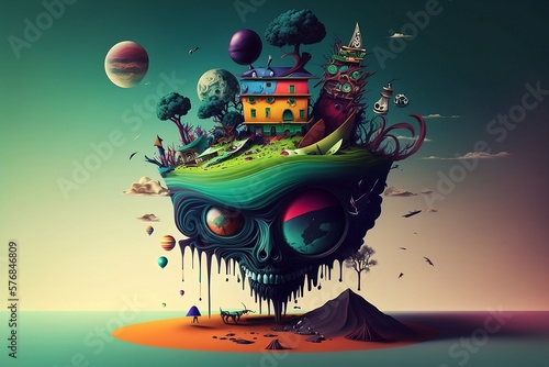 incredible floating island with an abstract shape that supports a house with objects around it
