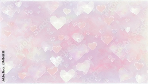 A soft and romantic watercolor background with pastel pink and white tones and delicate heart patterns. generative AI
