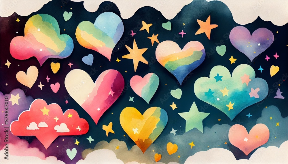 Fototapeta premium A playful and whimsical watercolor background with colorful patterns of hearts, stars, and clouds. generative AI