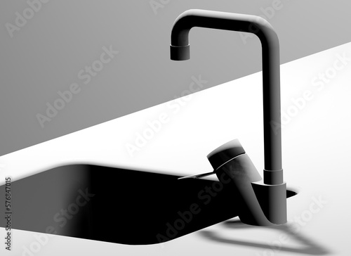 3D render an empty white vanity counter with ceramic washbasin and modern style faucet in a bathroom with morning sunlight and shadow.