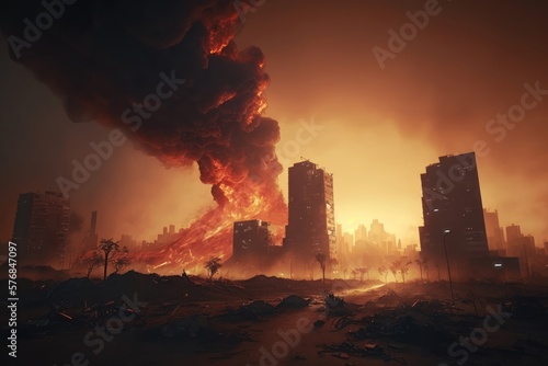 Apocalyptic view of burning city buildings after war. AI Generation