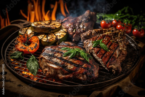 Fresh grilled meat steaks and vegetables on barbecue grate. AI Generation