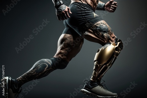 Close-up illustration of an athlete's legs with prosthetics in the style of the future. AI Generation