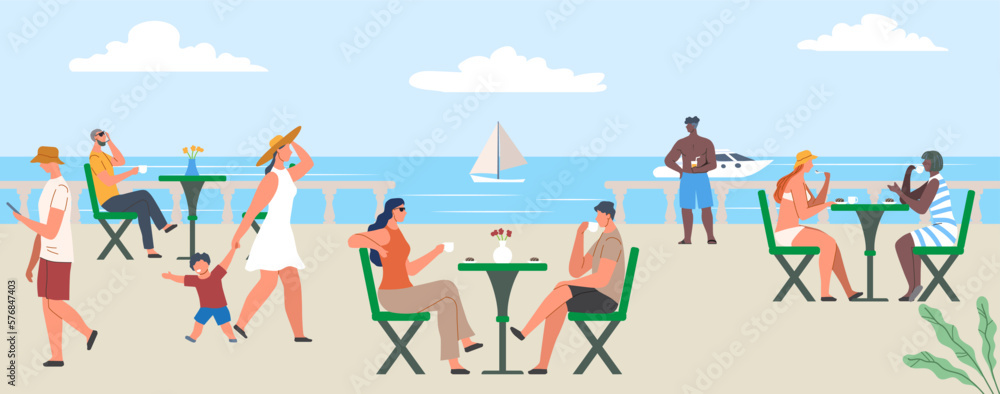 Summer outdoor cafe. Restaurant or coffee shop in open air on shore of ocean or sea. Tourist establishment for seasonal holidays or rest. Travel or vacation time. Cartoon flat vector illustration