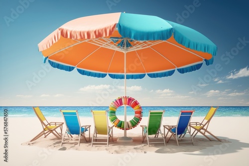 Umbrella with chairs inflatable ring on beach. AI Generationa