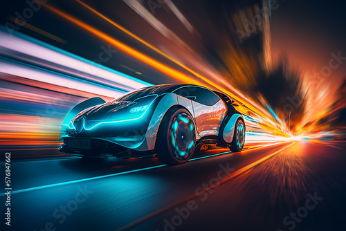 Generic and unbranded futuristic car run in a big city by night with light trails  generative ai illustration