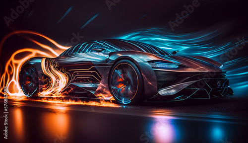 Generic and unbranded futuristic car runnight with light trails, generative ai illustration