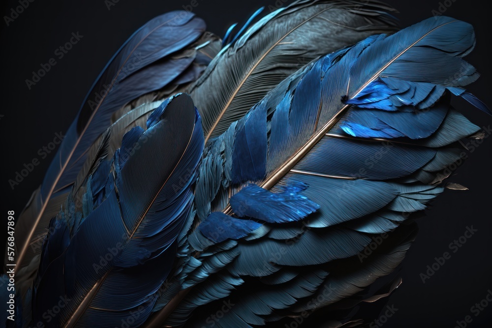 Obraz premium Blue and black bird feathers. AI generation