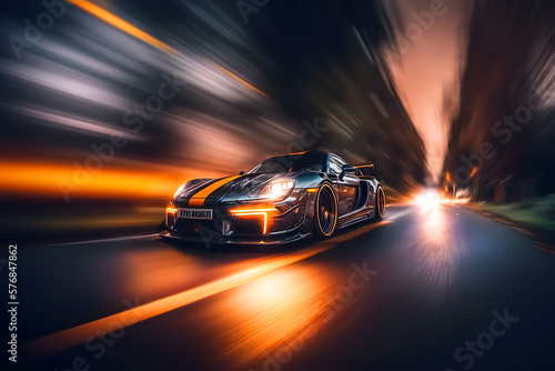 Generic and unbranded modern car run on a highway by night with light trails , generative ai illustration
