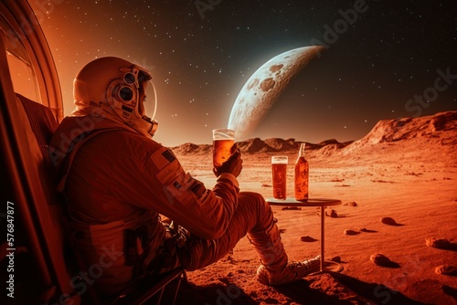 Astronaut with beer on another planet. The concept of unlimited relaxation. AI generated photo