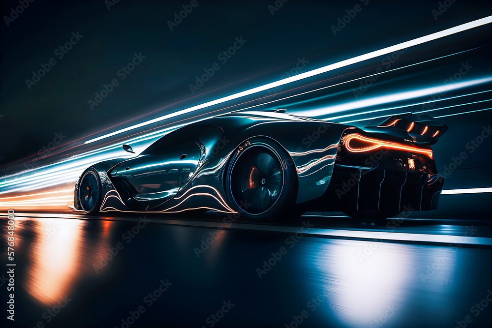 Generic and unbranded modern sport car run in the night, generative ai illustration - obrazy, fototapety, plakaty 