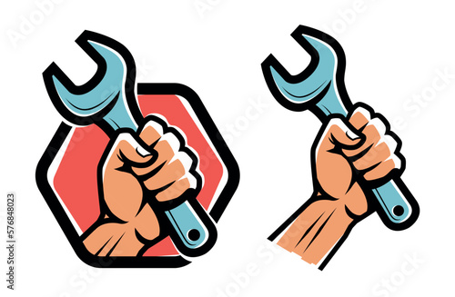 Fist holding a wrench. Workshop, technical service emblem. Warranty repair logo. Vector illustration