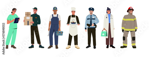 Set of people of different professions. Men and women in uniform of doctor, nurse, fireman, cook, policeman, courier and plumber. Job or occupation. Cartoon flat vector collection isolated on white
