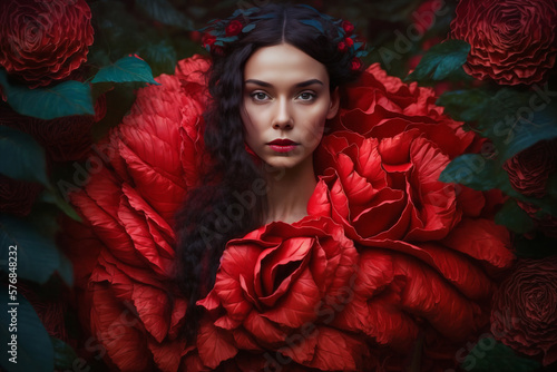 Close portrait of a young woman in an extravagant red flower blossom dress. Generative AI photo