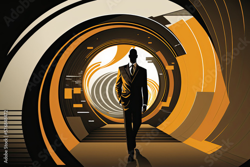 Silhouette of a businessman in a suit walking confidently toward us in the center of an abstract background. On target for success concept illustration. Generative AI.