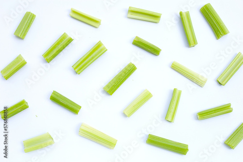 Fresh celery on white background. Top view