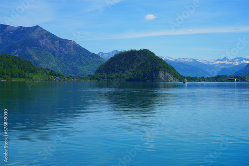 Landscape view of the Wolfgangsee Lake in the Salzkammergut region of Austria near Salzburg