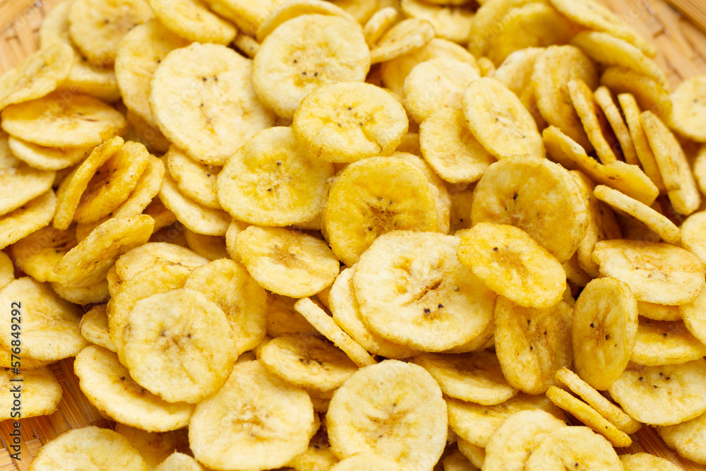 Banana slice chips on white background. Banana slice chips on white background.