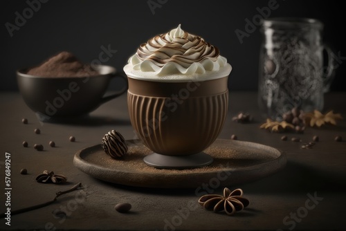 Cup of coffe with milk on a dark background.Cappuccino prepared with milk on a wooden table. AI generated