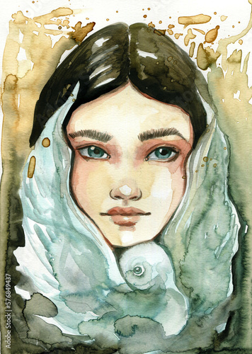 A watercolor illustration of a portrait of a girl in the arms of a dove of peace.