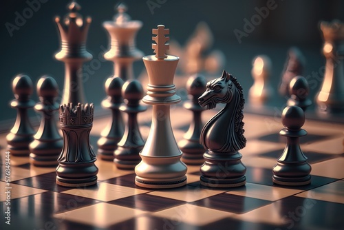 Chess game. Chess pieces on a board. Darck background. AI Generation