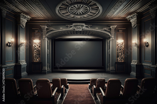 Cinema with blank screen. Mock up, Ad concept. AI generation