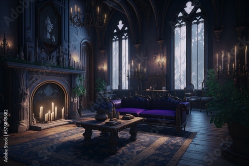 Living room of a large, Gothic vampire castle. Dracula's castle. AI generated