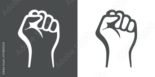 Símbolo de victoria, fuerza, poder y solidaridad. Silueta de puño cerrado levantado con líneas en fondo gris y fondo blanco