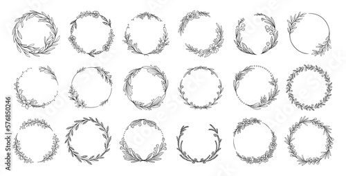 Set of organic elegant round frames. Minimalistic floral or botanical border with branches of blooming plants and leaves. Design elements for wedding invitations. Cartoon linear vector collection