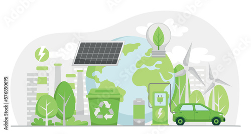 Sustainable lifestyle and alternative energy sources. Green electricity and industry. Solar panels, windmills, and electric cars. Recycling and caring for nature. Cartoon flat vector illustration