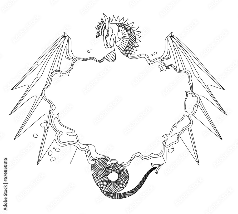 Linear drawing of a flying and fire breathing dragon with wings and