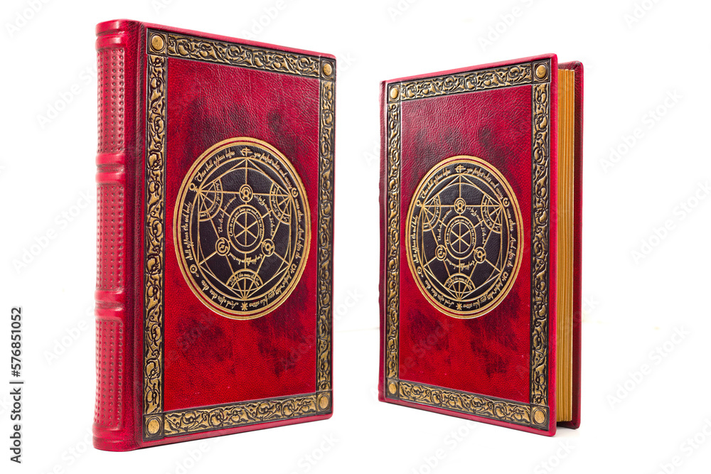 Fototapeta premium old book cover in red leather with gilded the frame and central detail