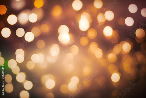 Defocused blurred bokeh lights background, soft focus of shining golden light dots, generative ai