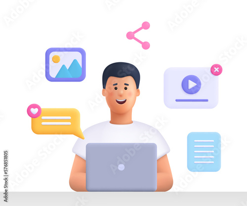 Young smiling man working on laptop computer. Content filling, content management and social media concept. 3d vector people character illustration. Cartoon minimal style.