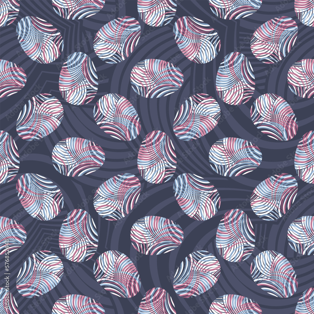 Naklejka premium Simple flat Abstract seamless vector pattern with Easter Eggs decorated with random pink, blue and white stripes on purple. Suitable for web backgrounds, prints, wrapping paper and post cards.
