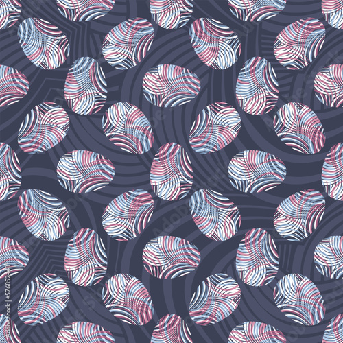 Simple flat Abstract seamless vector pattern with Easter Eggs decorated with random pink, blue and white stripes on purple. Suitable for web backgrounds, prints, wrapping paper and post cards.