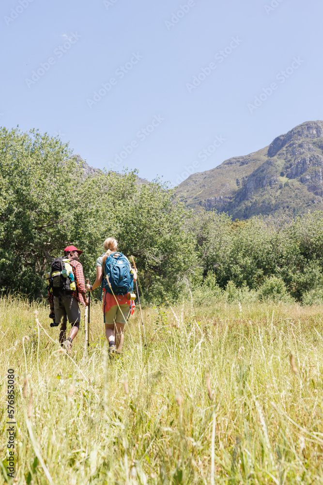 Vertical rear view of diverse couple with backpacks hiking in sun towards mountain, copy space Vertical rear view of diverse couple with backpacks hiking in sun towards mountain, copy space