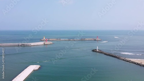 Jumunjin port, Korea Harbour, Country Village, Beach Village, Dock, wharf, Lighthouse, aerial view photo