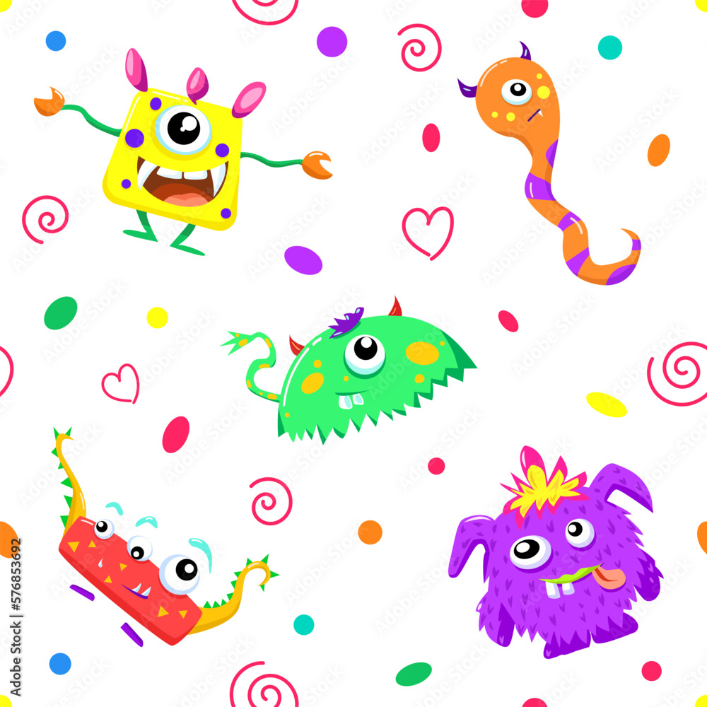 Seamless pattern. Funny and colorful monsters. Vector.