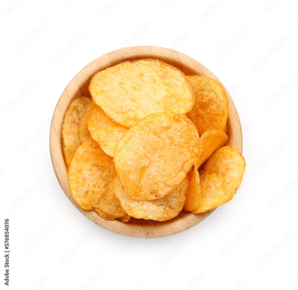Bowl with delicious potato chips isolated on white background Bowl with delicious potato chips isolated on white background