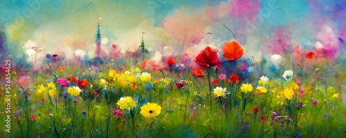 A Great  Majestic  Beautiful  Colorful Banner made of Flower Meadow in Spring Time  Outdoor. Generative AI