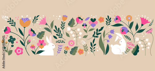 Hello spring, Summer time, Happy Easter, decorated modern style card, banner. Bunnies, flowers and basket. Colorful minimalist design