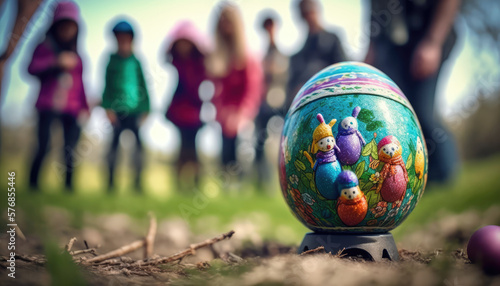 "Easter Egg Hunt Fun" - a joyful and playful wallpaper background featuring an image of an Easter egg hunt with a colorful and vibrant atmosphere, Generative AI