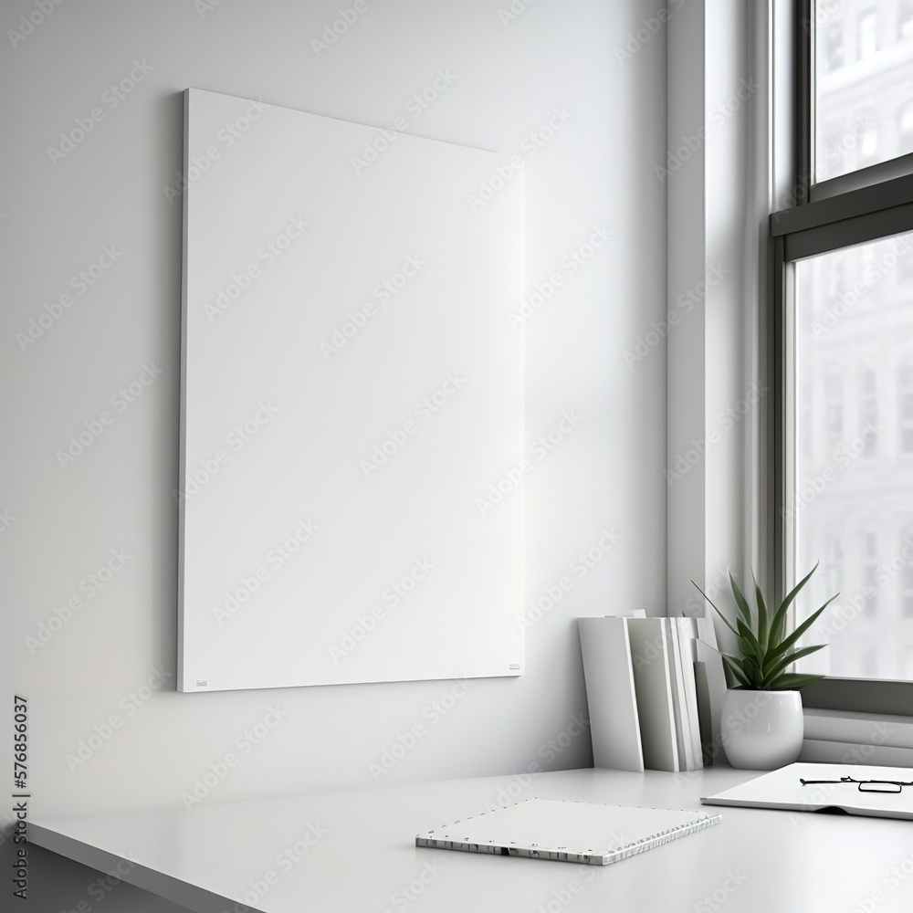 large white blank canvas without frame hanging on the wall of modern light interior, generative AI large white blank canvas without frame hanging on the wall of modern light interior, generative AI