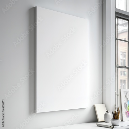 large white blank canvas without frame hanging on the wall of modern light interior, generative AI